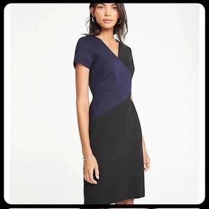 Ann Taylor Petite Colorblock Faux Wrap Black/Navy V-neck Ponte Dress 10P NWT